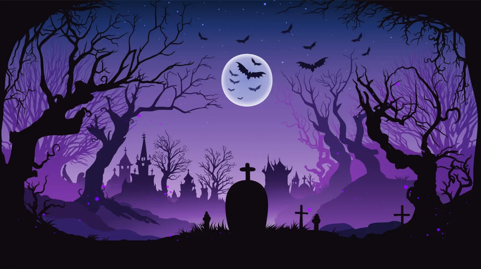 Spooky halloween illustration of a cemetery, full moon and bats.