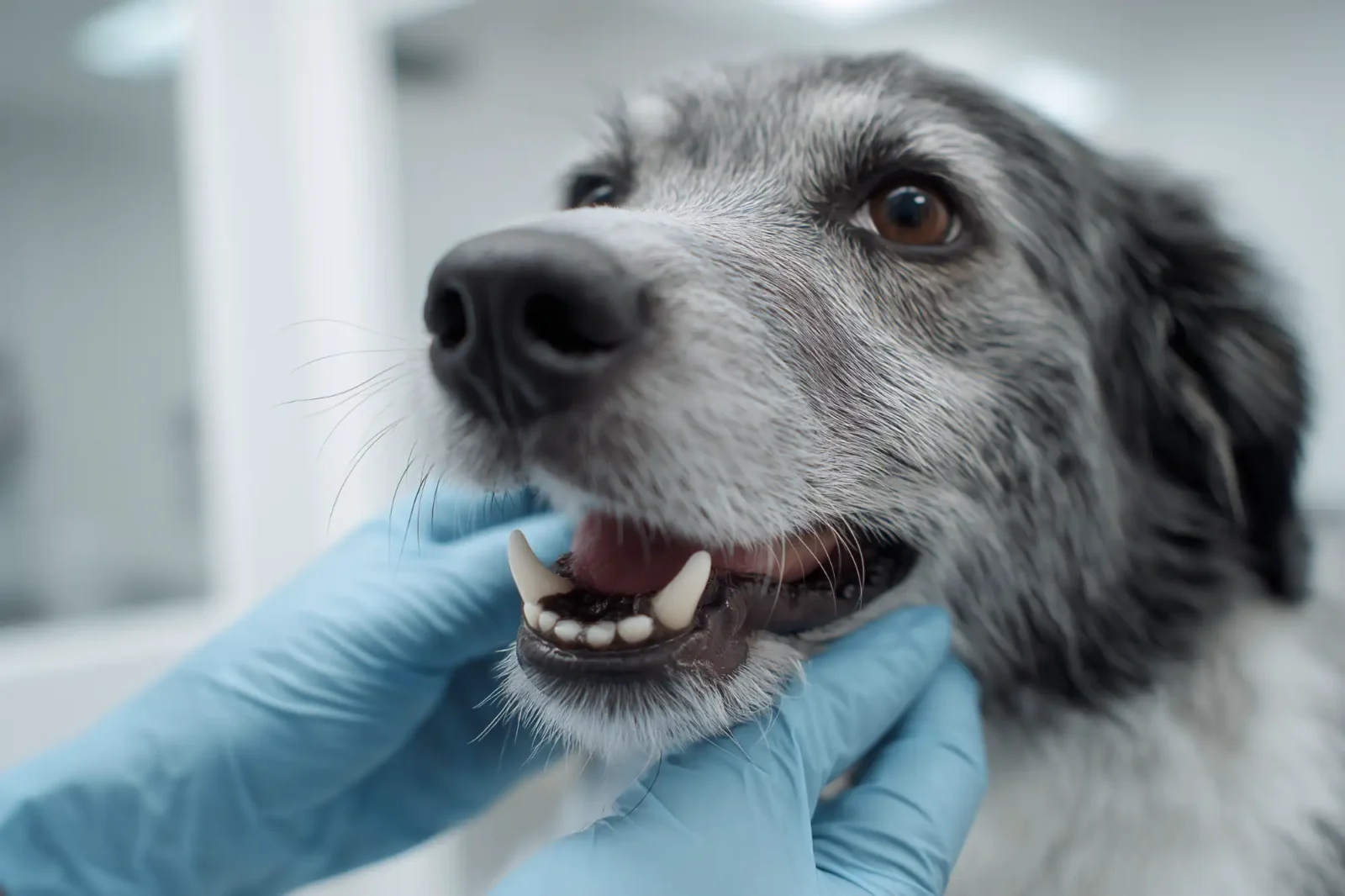 A dog getting a dental exam at a vet's office.