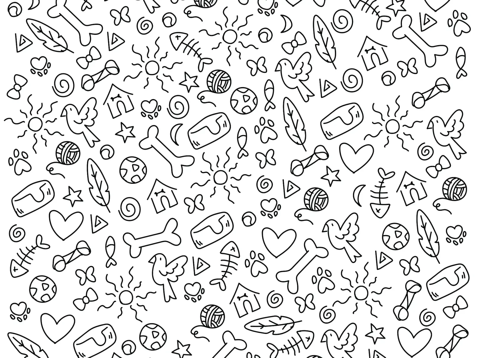 Illustration of pet items like bones, fish, yarn, etc.